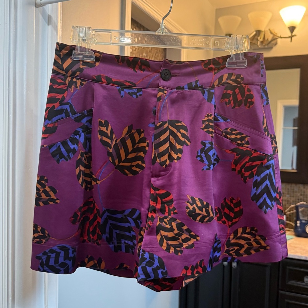 Marc Jacobs Pure Silk Purple Leaf Print High Waist Shorts